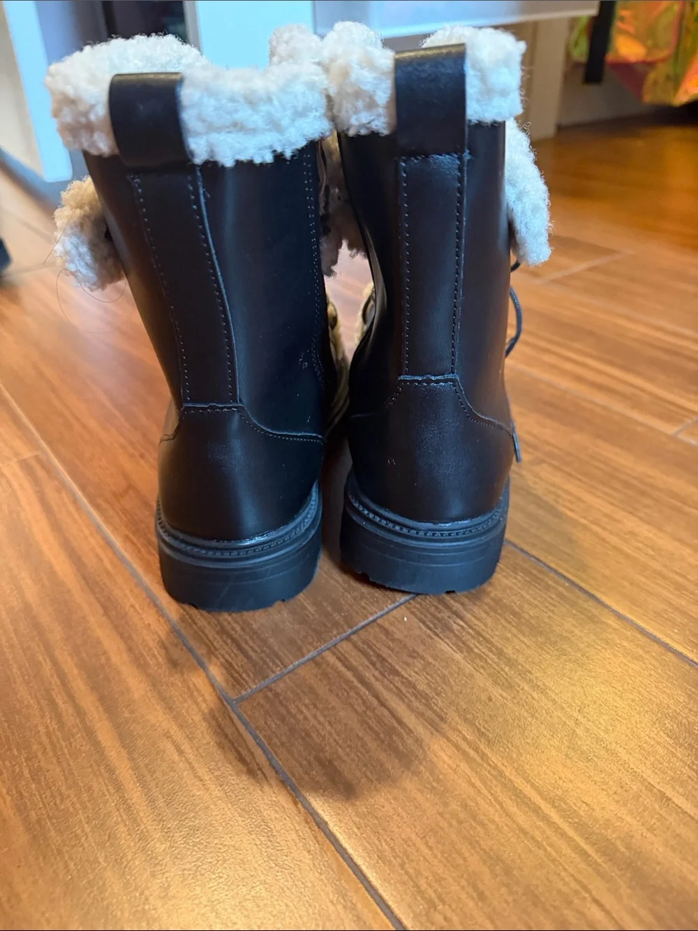 Cozy Sherpa-Trim Lace-Up Black Boots